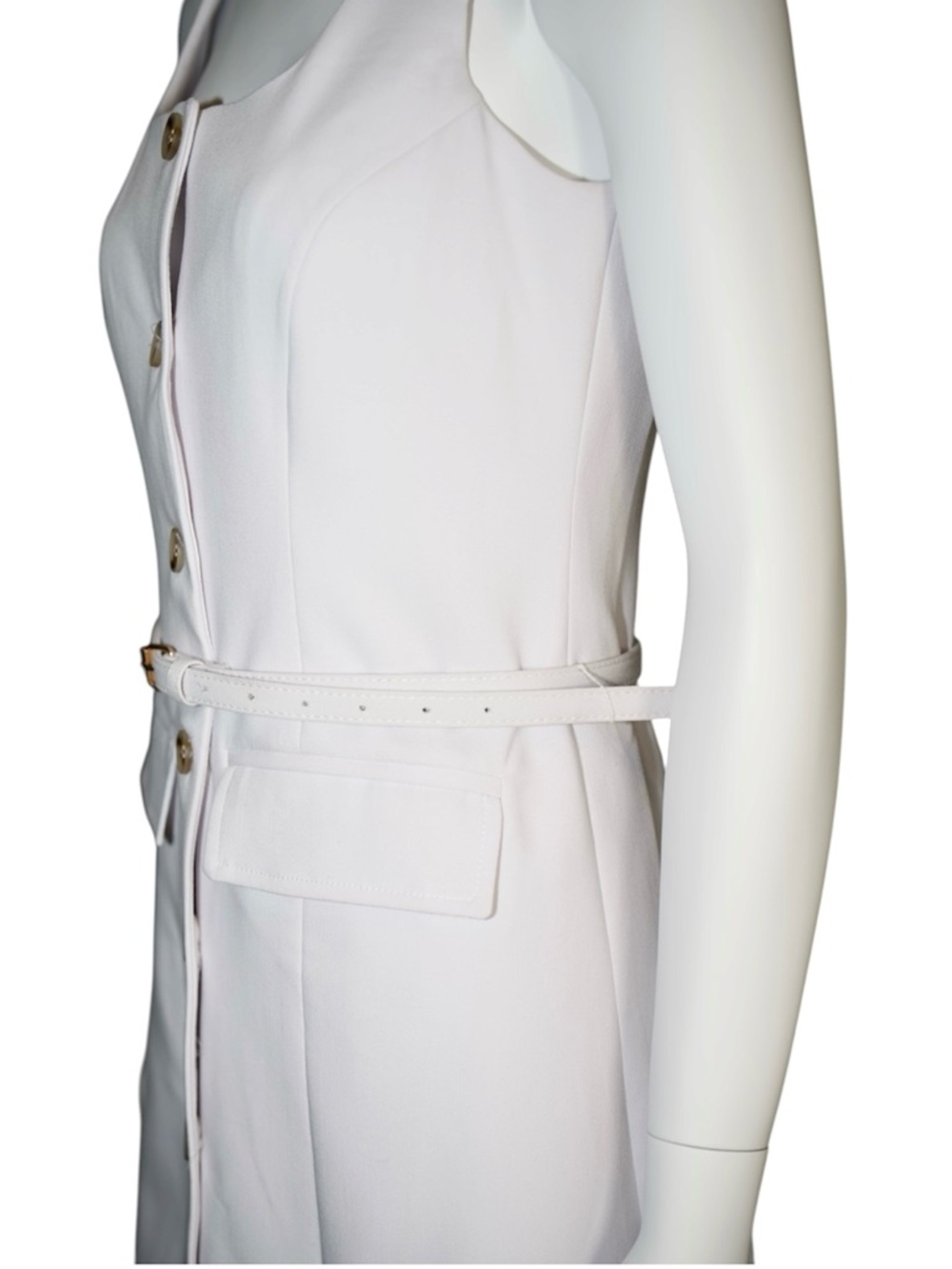 Saks Fifth Avenue Sleeveless Button-Front Off White Dress with Belt Size X-Small - Picture 6 of 14
